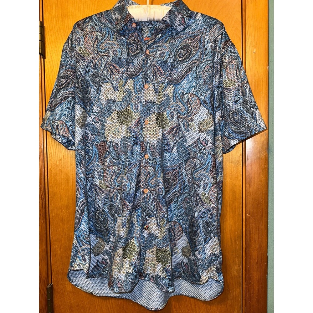 Luchiano Visconti Blue Patterned Multi Color Button Down Short Sleeve Shirt‎